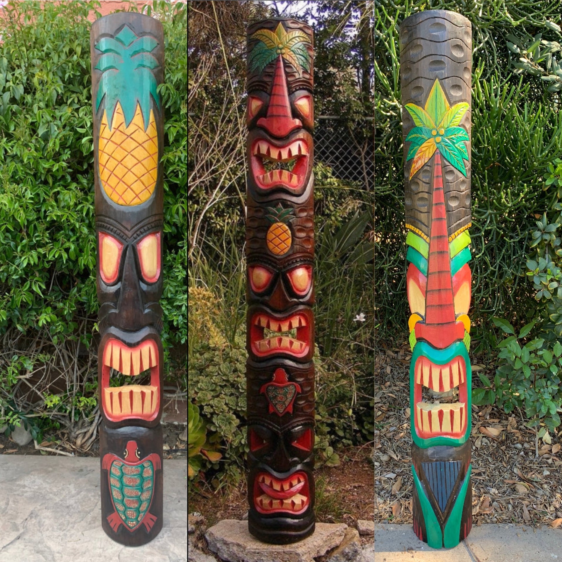 3 Set of 5 ft Hand Carved Wooden Tiki Totem Masks Pineapple Hono Palm tree Tropical Bar Patio Decor 60"x 6-7"in (Copy)
