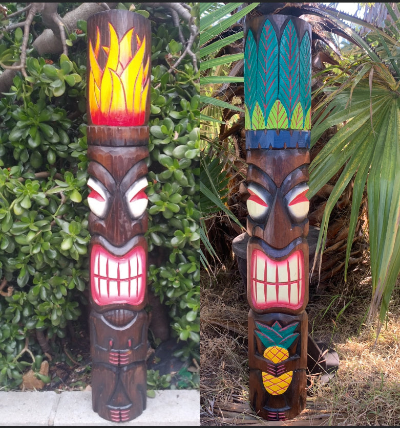 2 Set of Hand Carved Wooden Tiki Totem Masks Tropical Bar Patio Decor 39"x 6"in