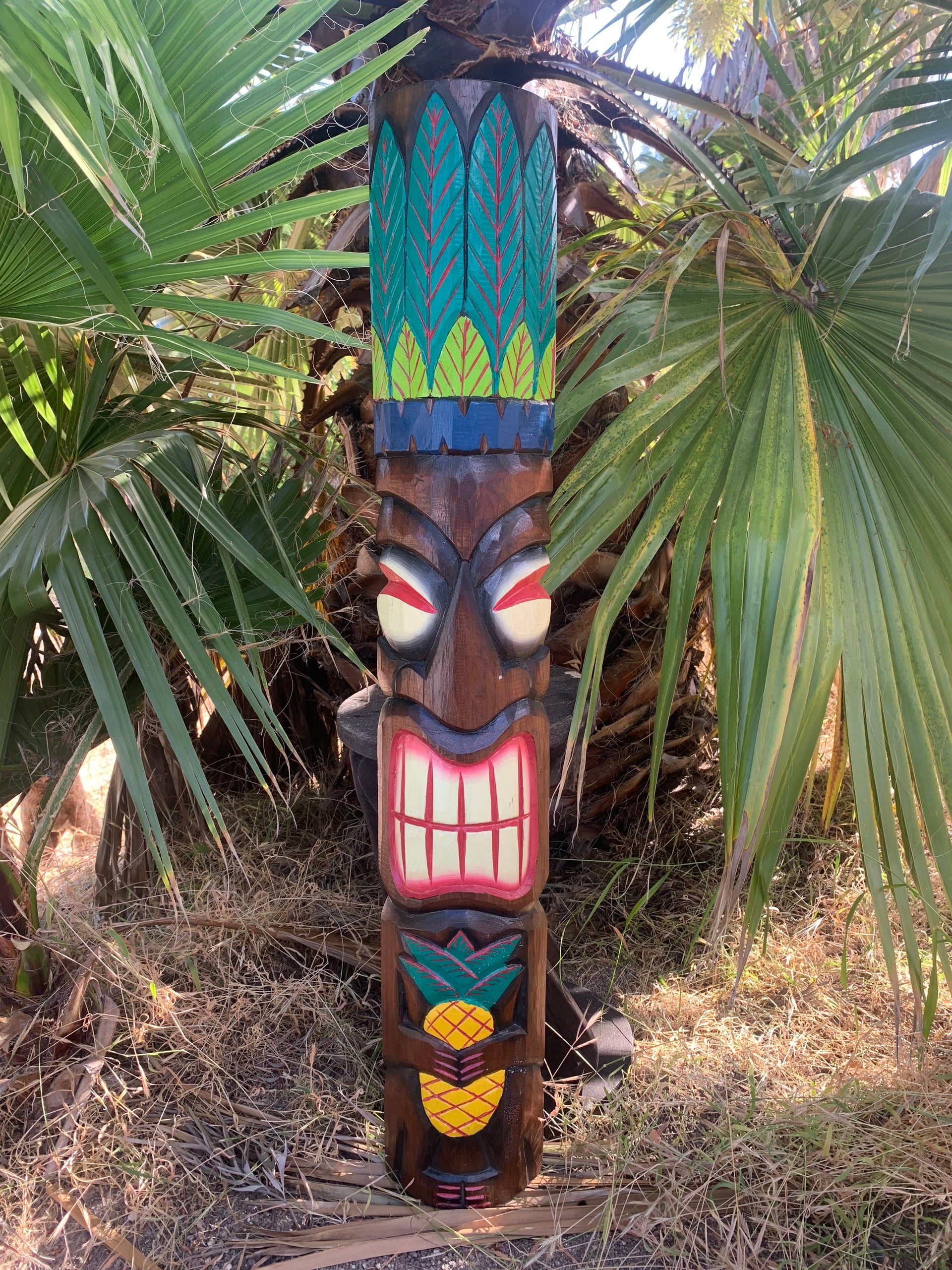 2 Set of Hand Carved Wooden Tiki Totem Masks Tropical Bar Patio Decor 39"x 6"in
