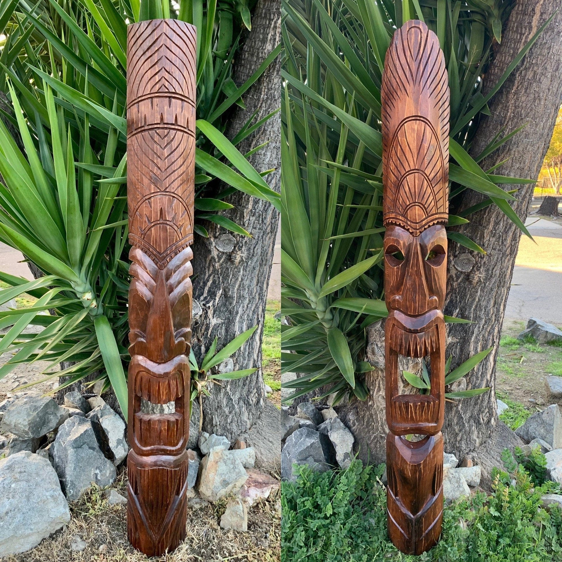 Tiki Masks 2 set of Hand Carved Hawaiian Style Wooden Tropical Bar Patio Lanai Decor 60"x 7"