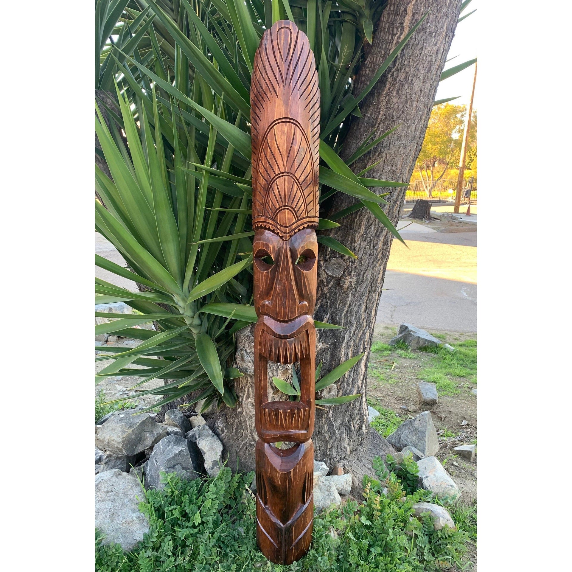 Tiki Masks 2 set of Hand Carved Hawaiian Style Wooden Tropical Bar Patio Lanai Decor 60"x 7"