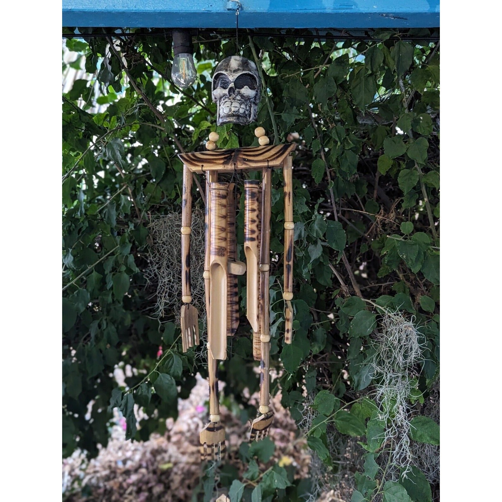 Bamboo Skeleton Skull Wind Chime Tiki Bar Tropical Gothic- Eco Friendly