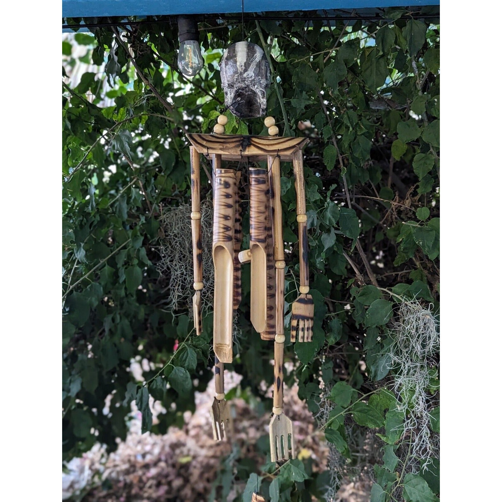 Bamboo Skeleton Skull Wind Chime Tiki Bar Tropical Gothic- Eco Friendly