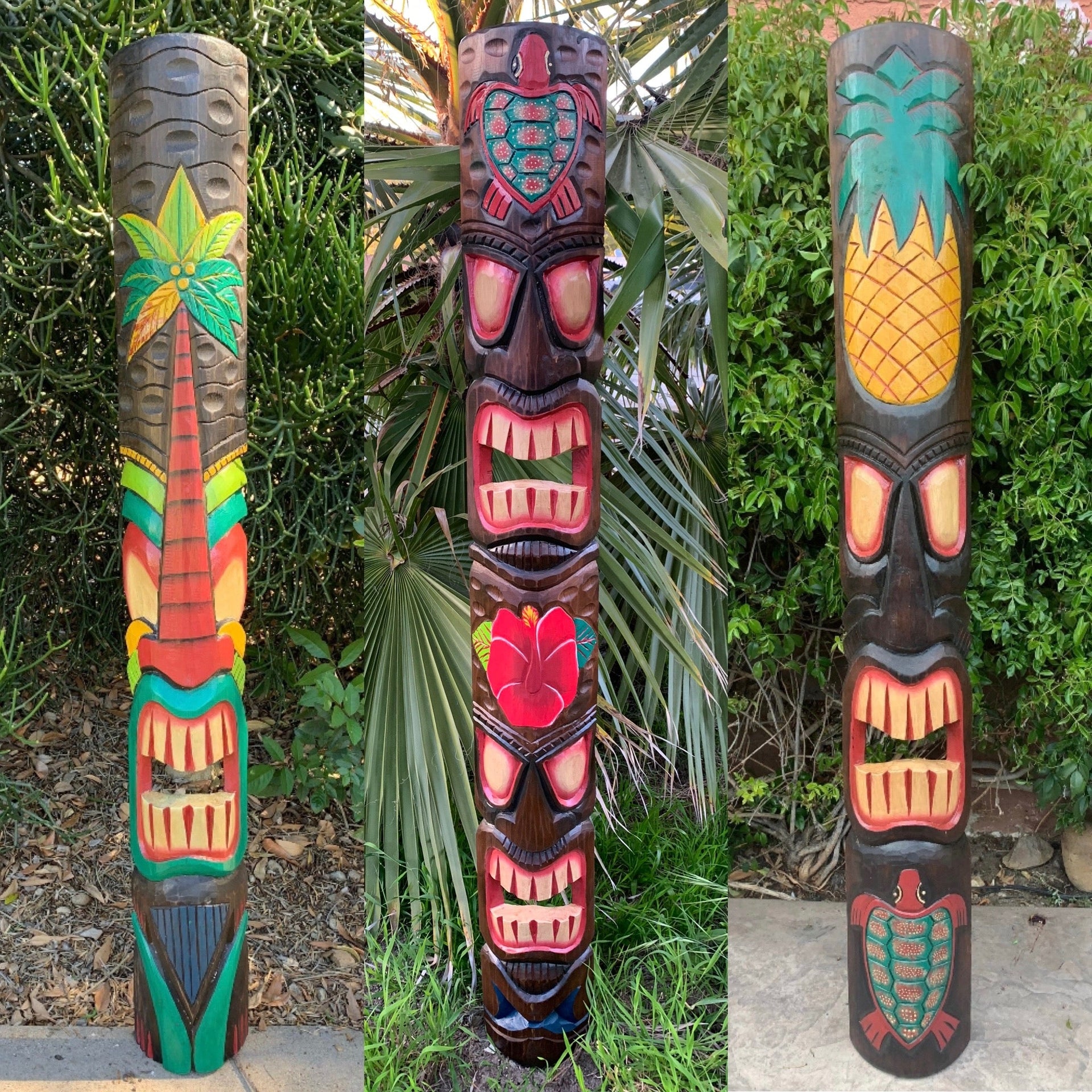 3 Set of 5 ft Hand Carved Wooden Tiki Totem Masks Hibiscus Hono Palm tree Tropical Bar Patio Decor 60"x 6-7"in