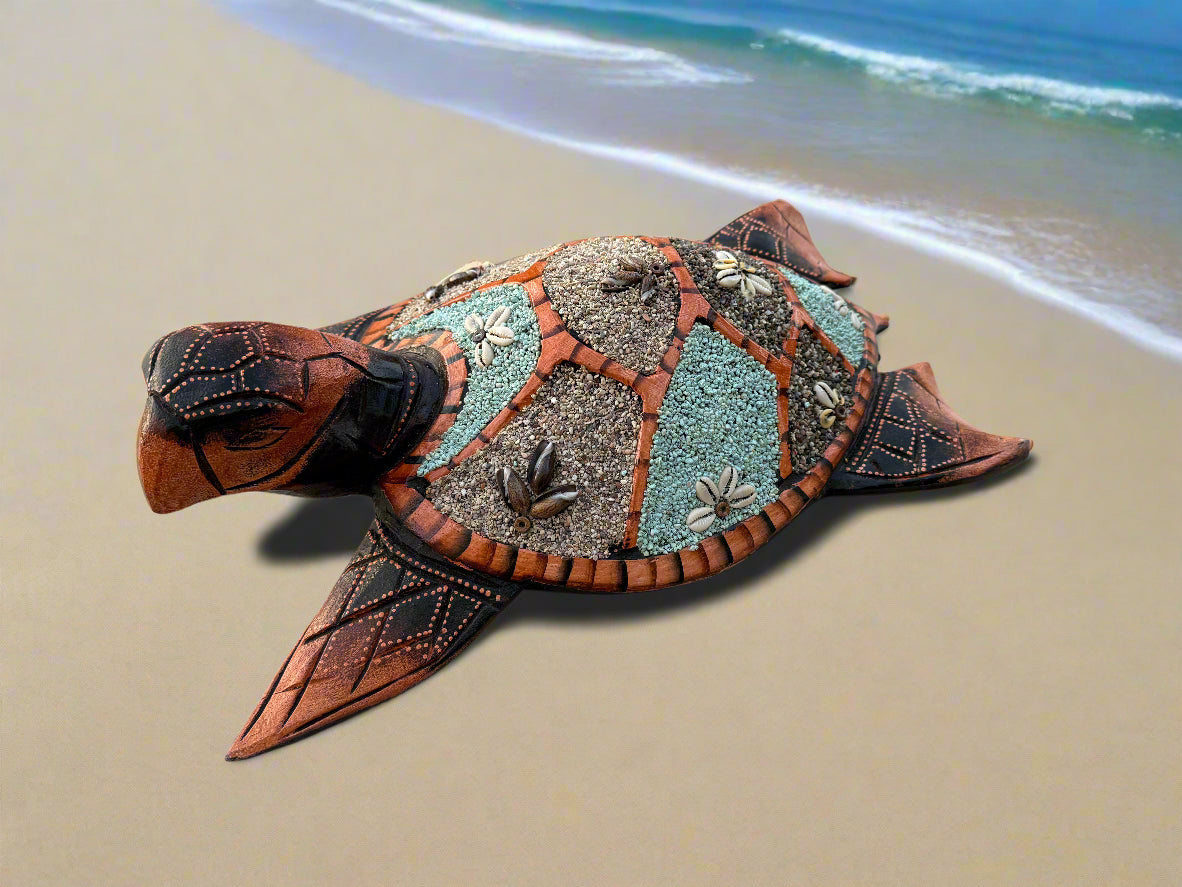 Hand Carved Wood Turtle Sand Seashells Nautical Tropical Island Sculpture 16"x 10"