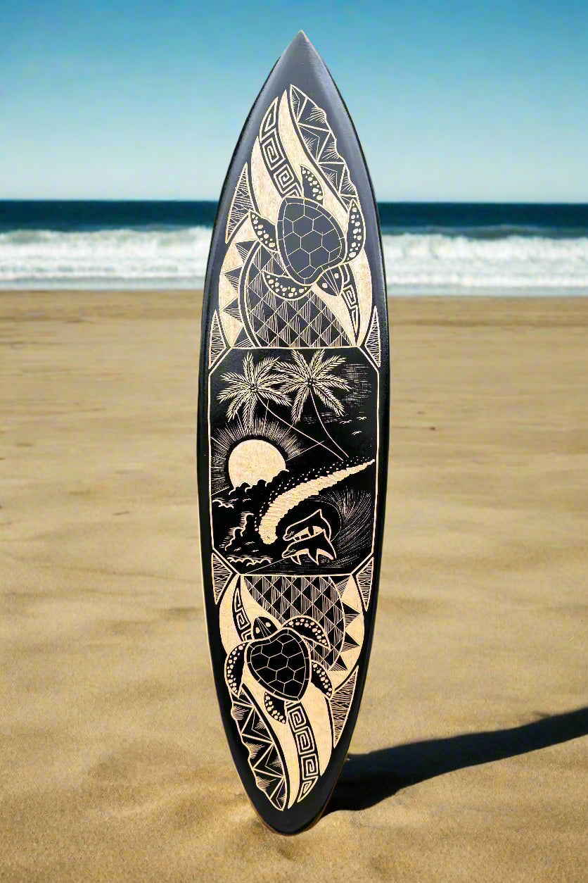 Tribal Turtle Surfing Dolphins Tropical Wood Carved Surfboard Wall Plaque 39"