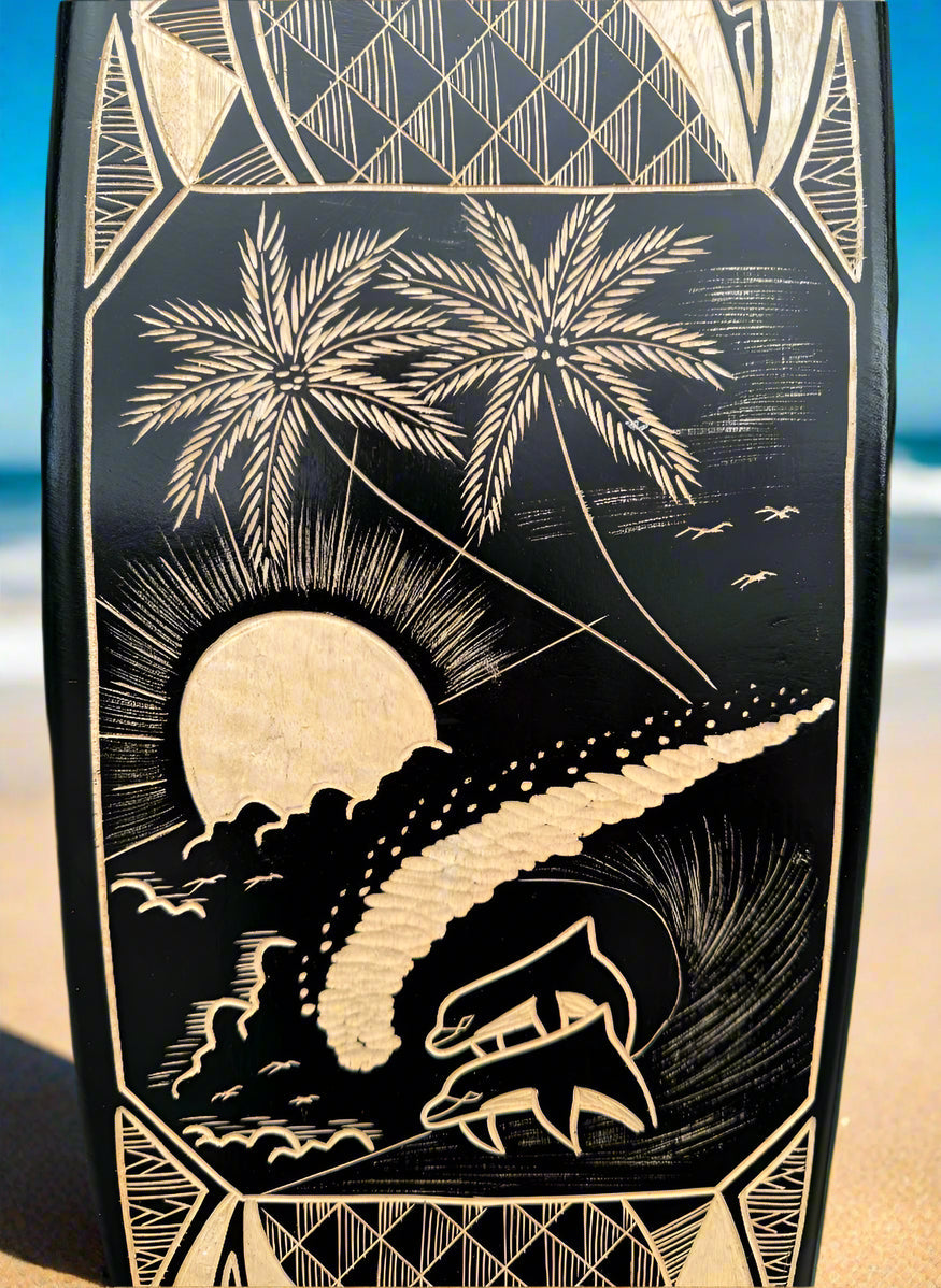 Tribal Turtle Surfing Dolphins Tropical Wood Carved Surfboard Wall Plaque 39"