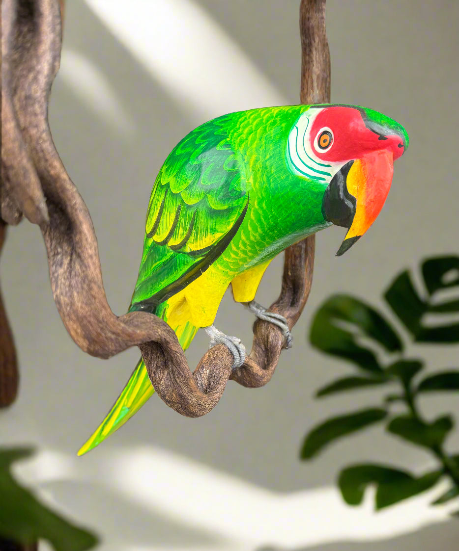 Green Macaw Parrot Handcrafted Wood Hanging Statue  17"in.