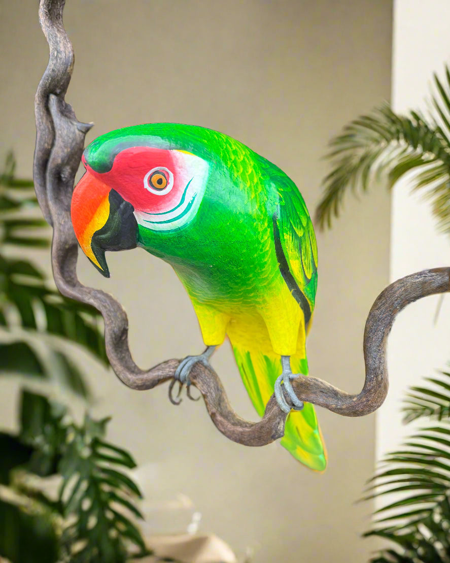 Green Macaw Parrot Handcrafted Wood Hanging Statue  17"in.