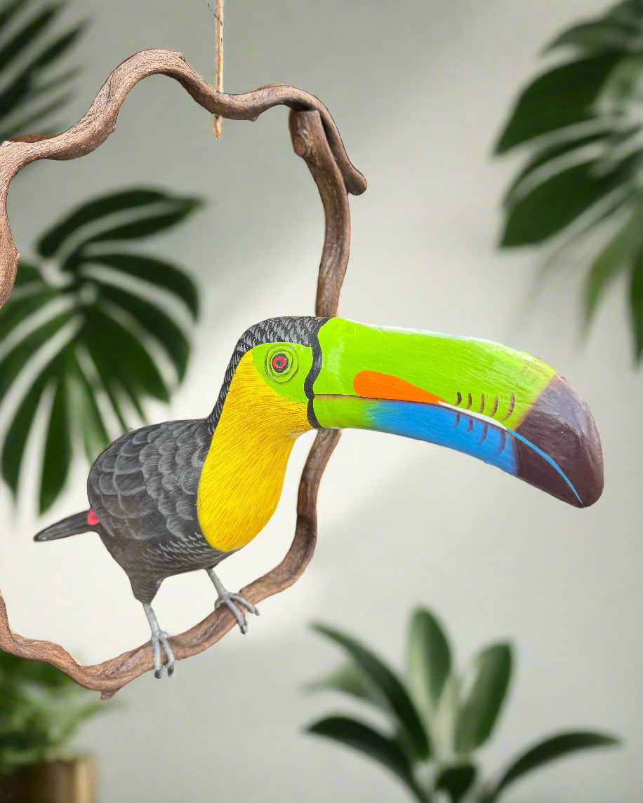 Black and Yellow Toucan Handcrafted Wood Hanging Bird Statue  20"in Beak to Tail