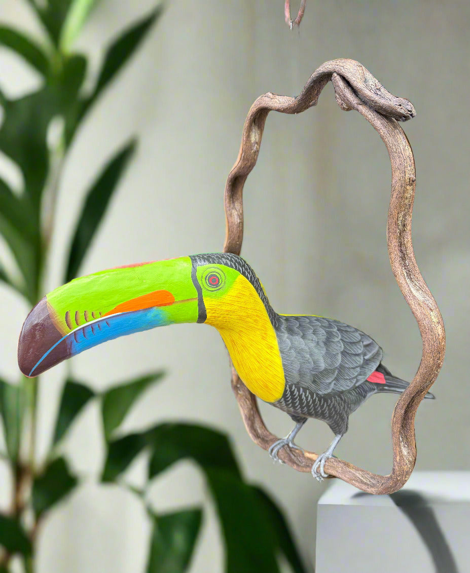 Black and Yellow Toucan Handcrafted Wood Hanging Bird Statue  20"in Beak to Tail