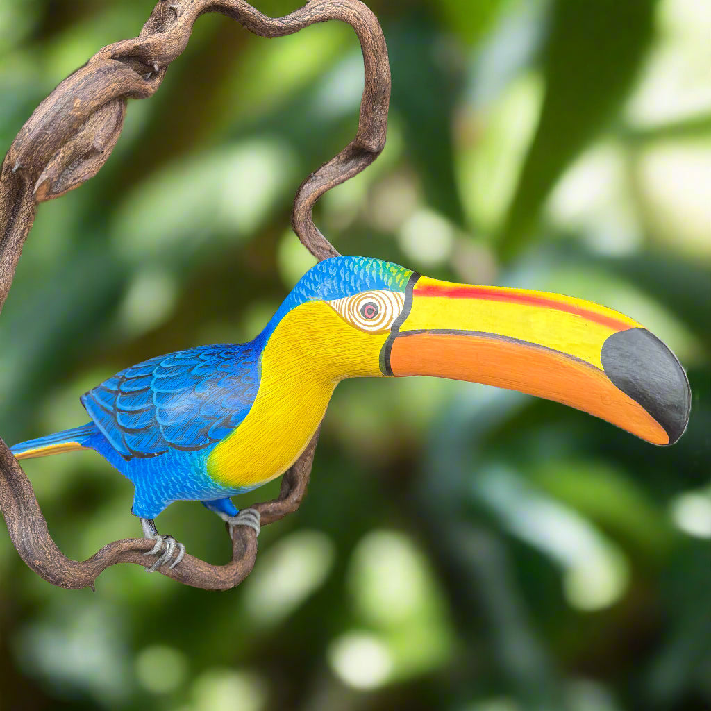 Tropical Blue Toucan Wood Carved Hanging Bird Statue 20”