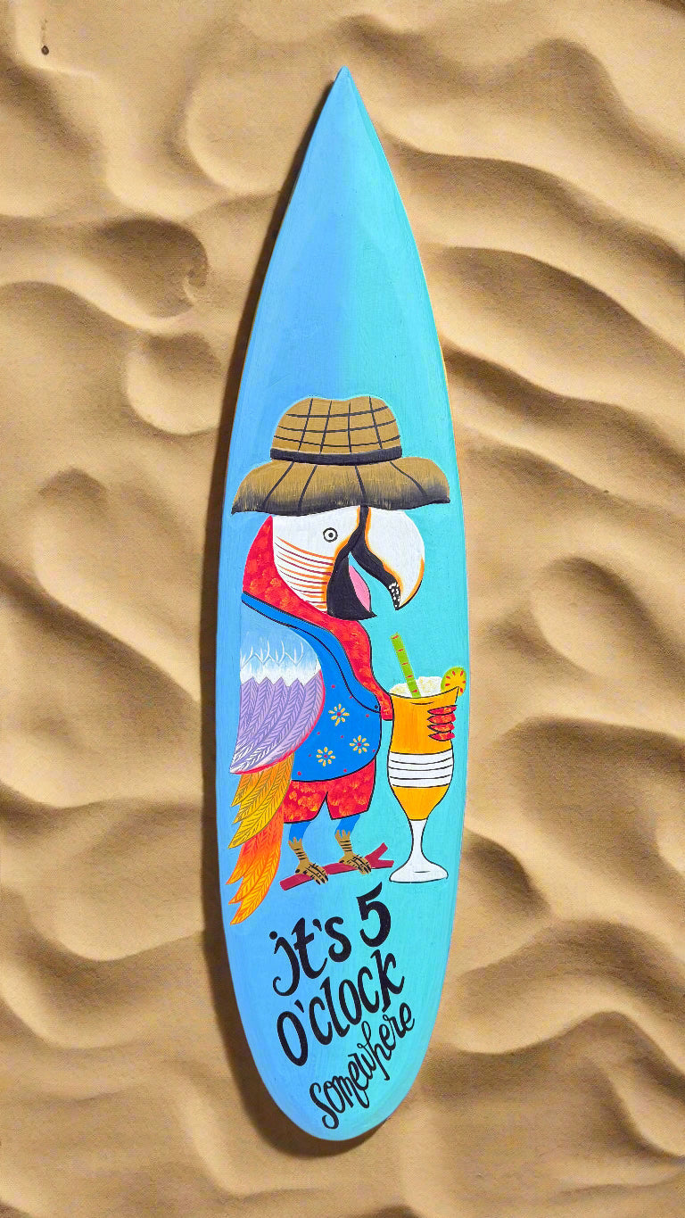 It’s 5 0'clock Somewhere Drinking Parrot Surfboard Wall Plaque Tiki Bar  39"x 10"