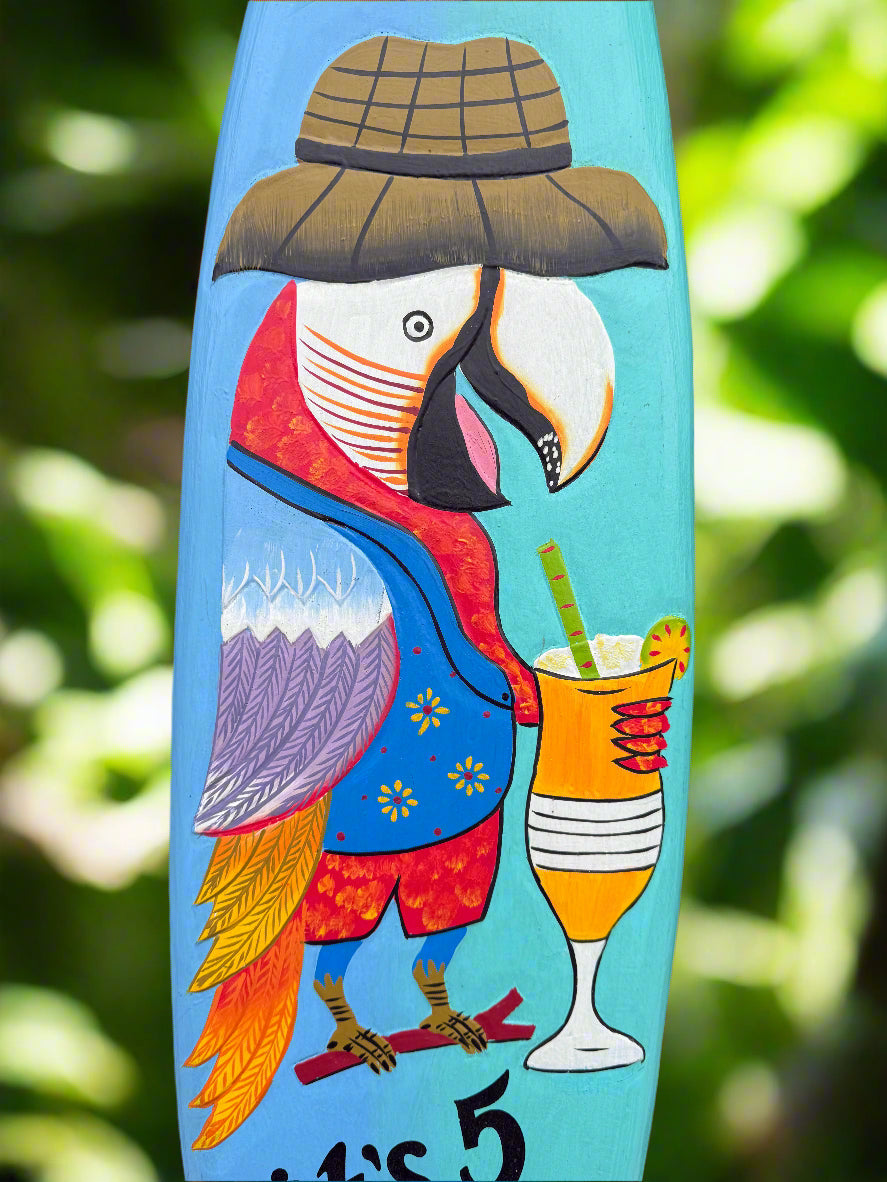 It’s 5 0'clock Somewhere Drinking Parrot Surfboard Wall Plaque Tiki Bar  39"x 10"