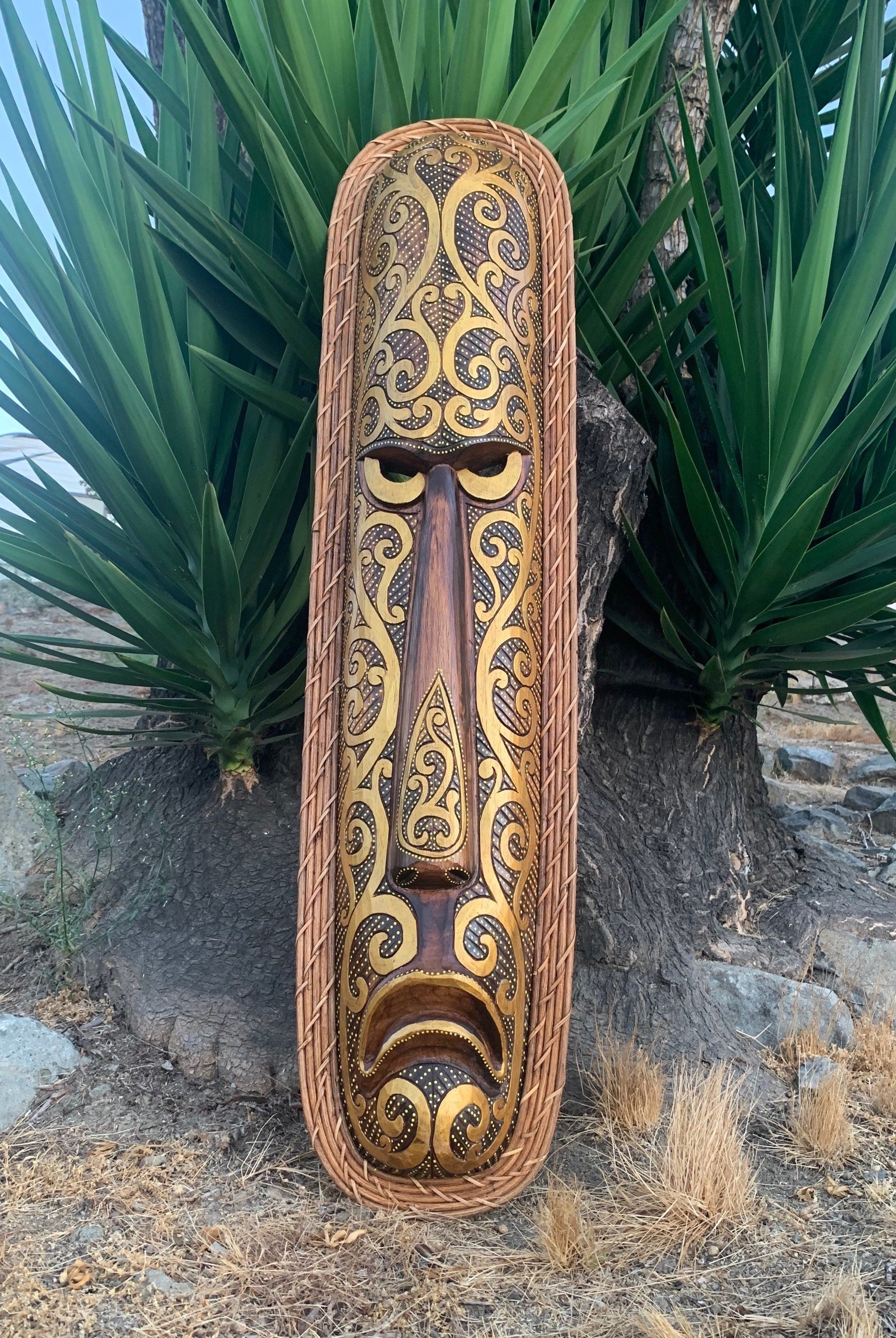 Primitive Mean Face Tribal Maori Tiki Wood Carving Wall Plaque Tropical Bar Patio Decor 39"x 10"