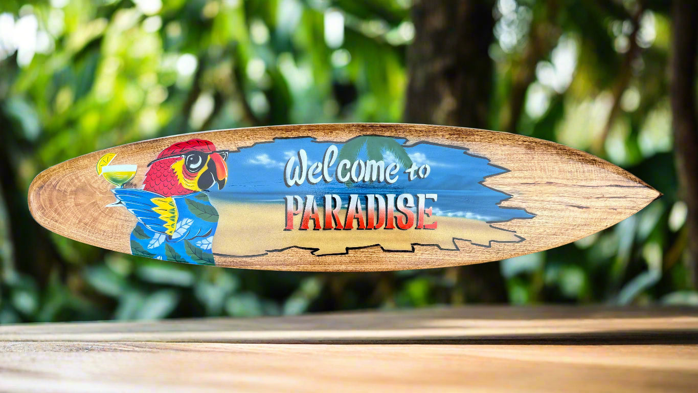 Welcome To Paradise Parrot Airbrushed Surfboard Wall Plaque 39"x 10"