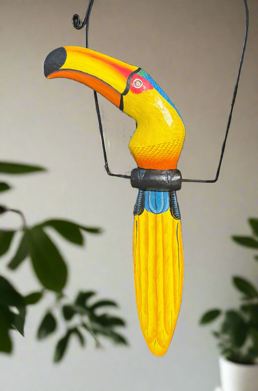 Tropical Blue and Yellow Toucan Hanging Bird Statue Wood Carving 32"x 11" in