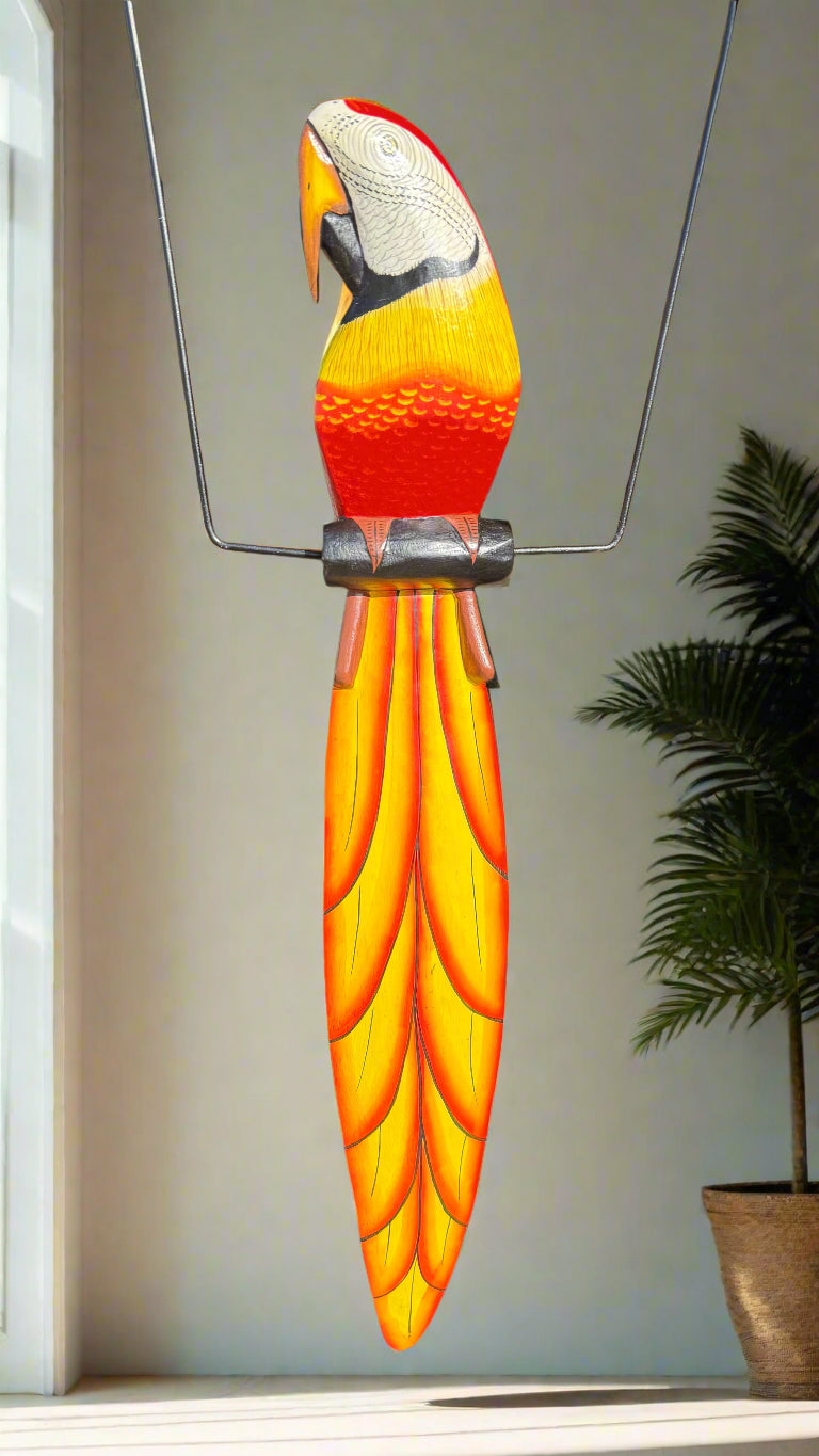 Tropical Orange and Green Macaw Parrot Hanging Bird Statue Wood Carving 32"x 11" in