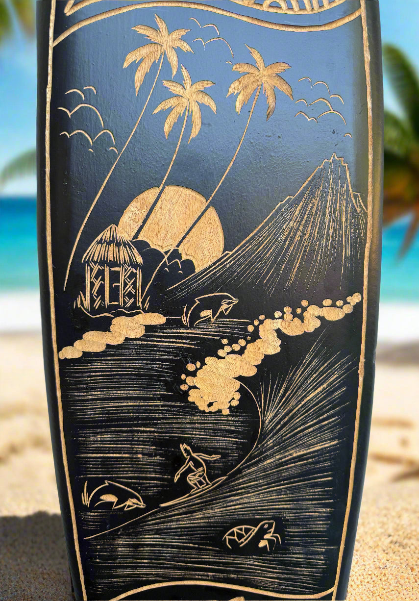 Tropical Island, Surfer, Habiscus, and Sea Turtle Tribal Surfboard Wood Carving Wall Plaque 39"x 10"