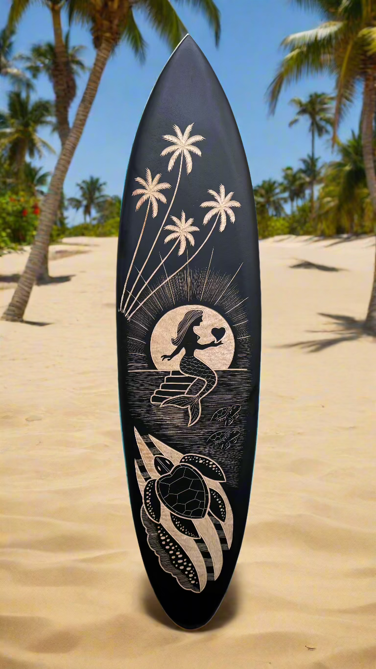 Mermaid and Sea Turtle Moon Light Surfboard Wall Decor 39"x 10"