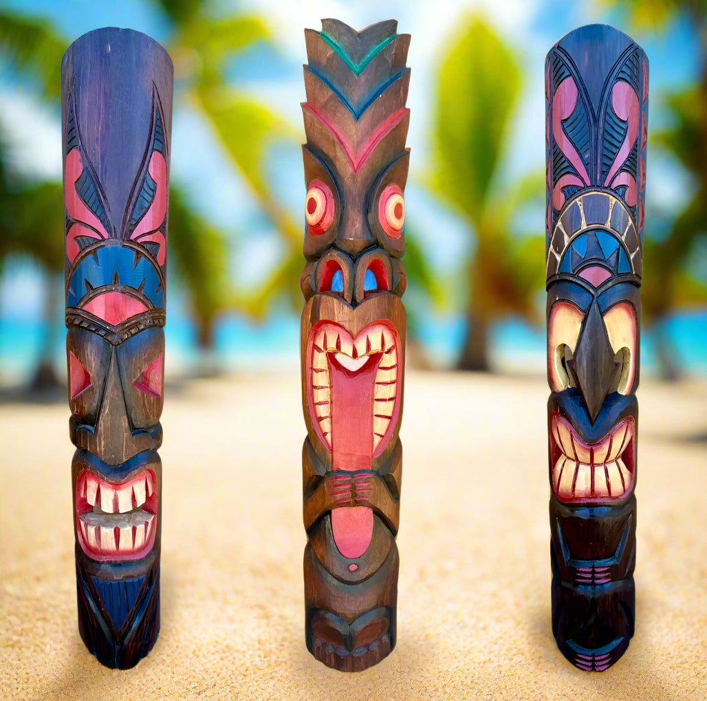 3 Set of Hand Carved Wooden Tiki Totem Masks Tropical Bar Patio Decor 39"x 6"