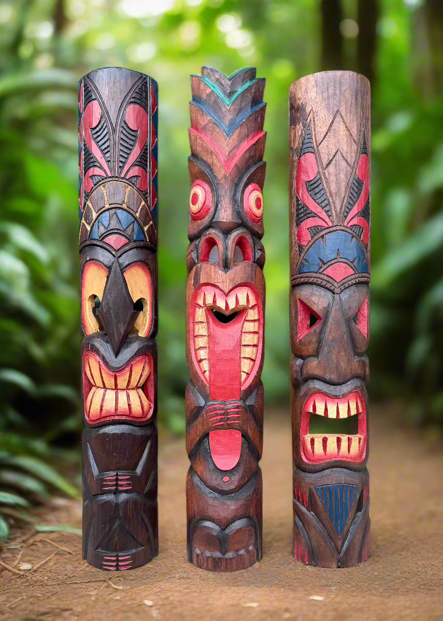 3 Set of Hand Carved Wooden Tiki Totem Masks Tropical Bar Patio Decor 39"x 6"