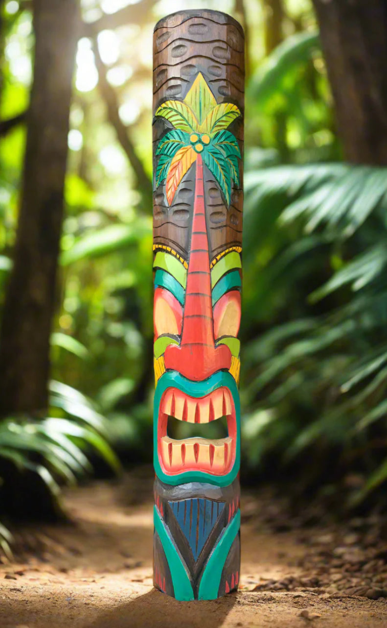 Tiki Totem Palm Tree Wood Mask Tropical Bar Patio Decor  39"x 6"in