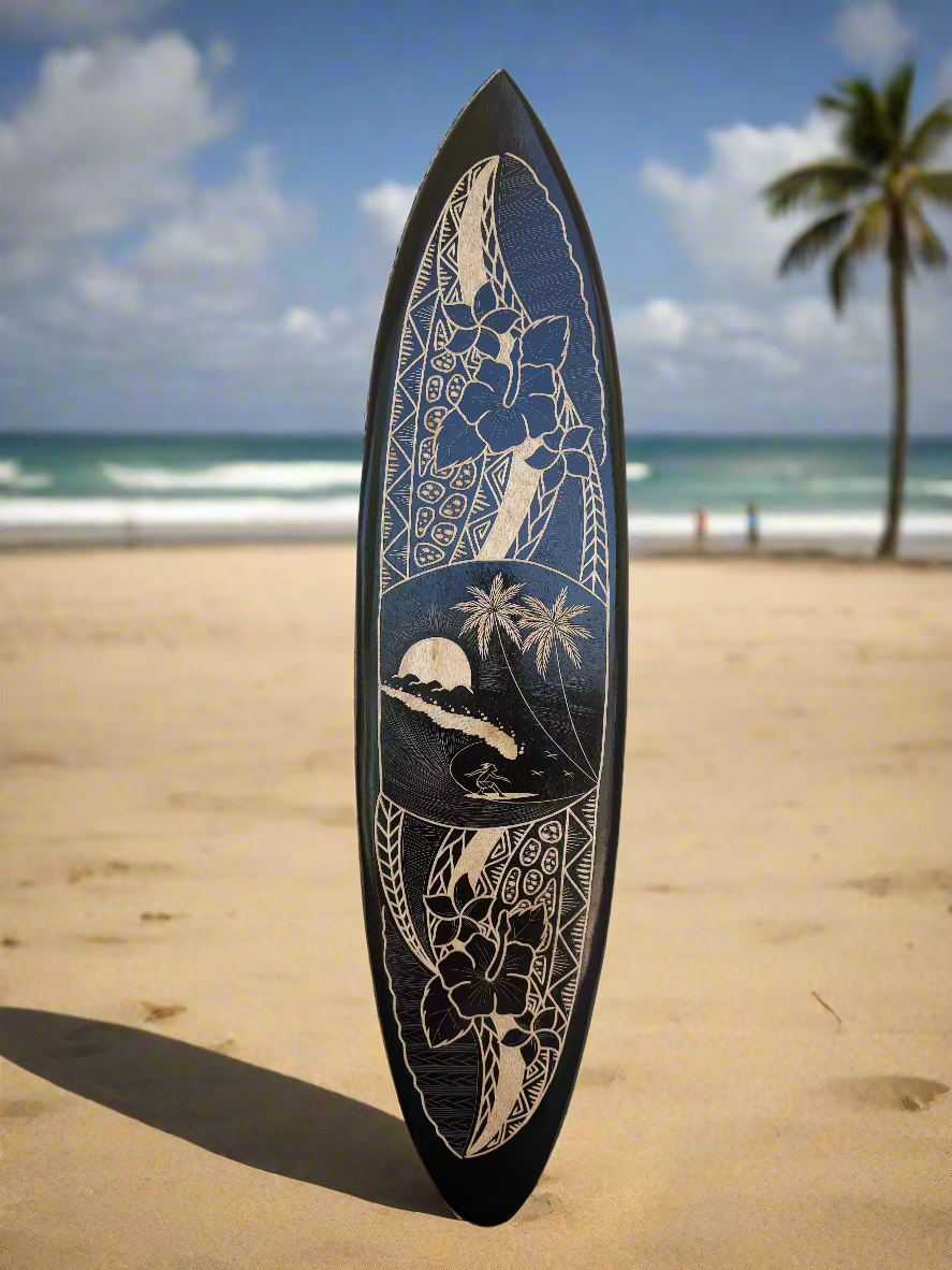 Surfer and Hibiscus Tribal Surfboard Wood Carved Tropical Wall Plaque Mango Wood 39"x 10"