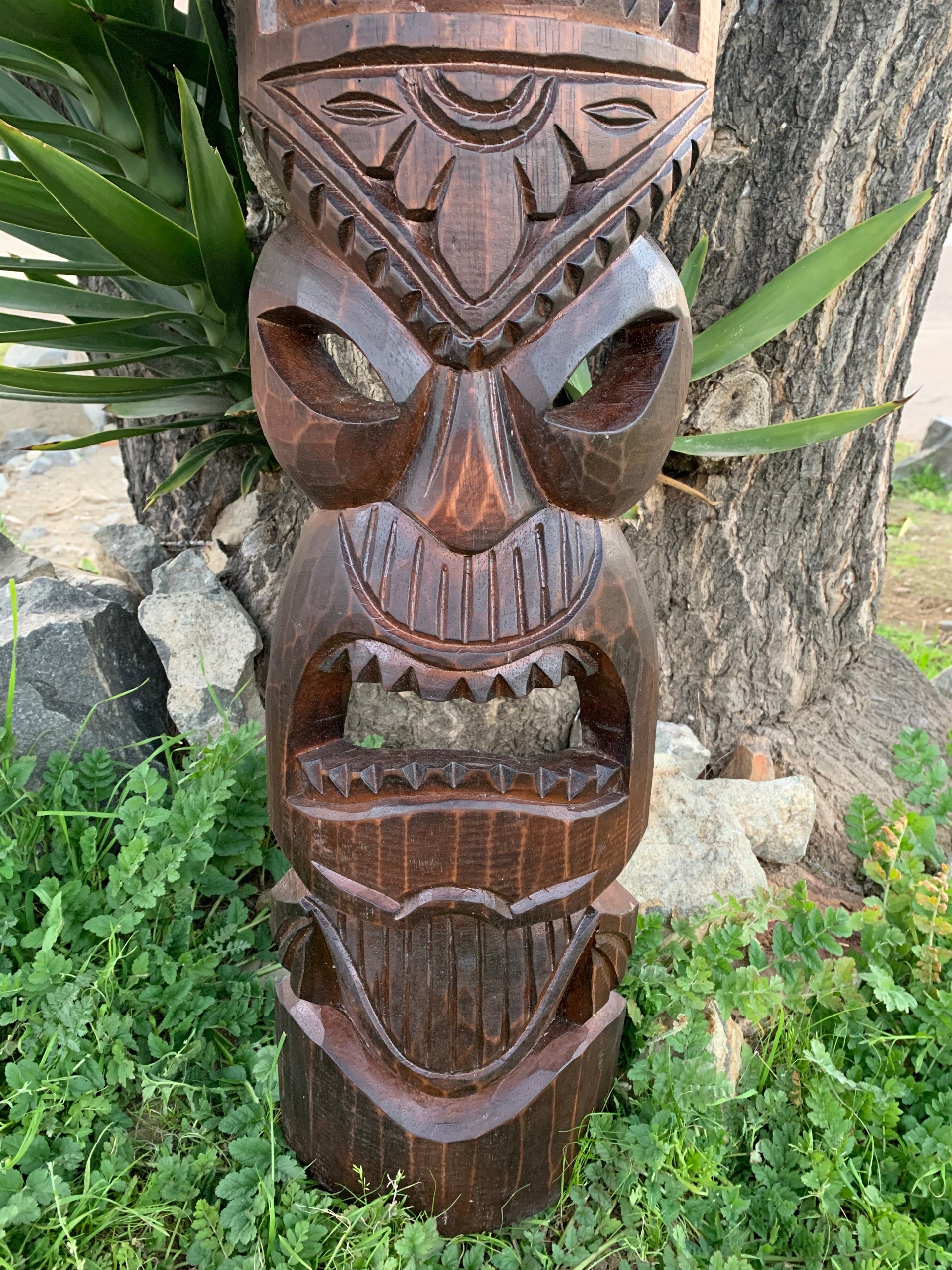 Hawaiian Style Tiki Totem Wooden Mask Hand Carved 39"x 8"in