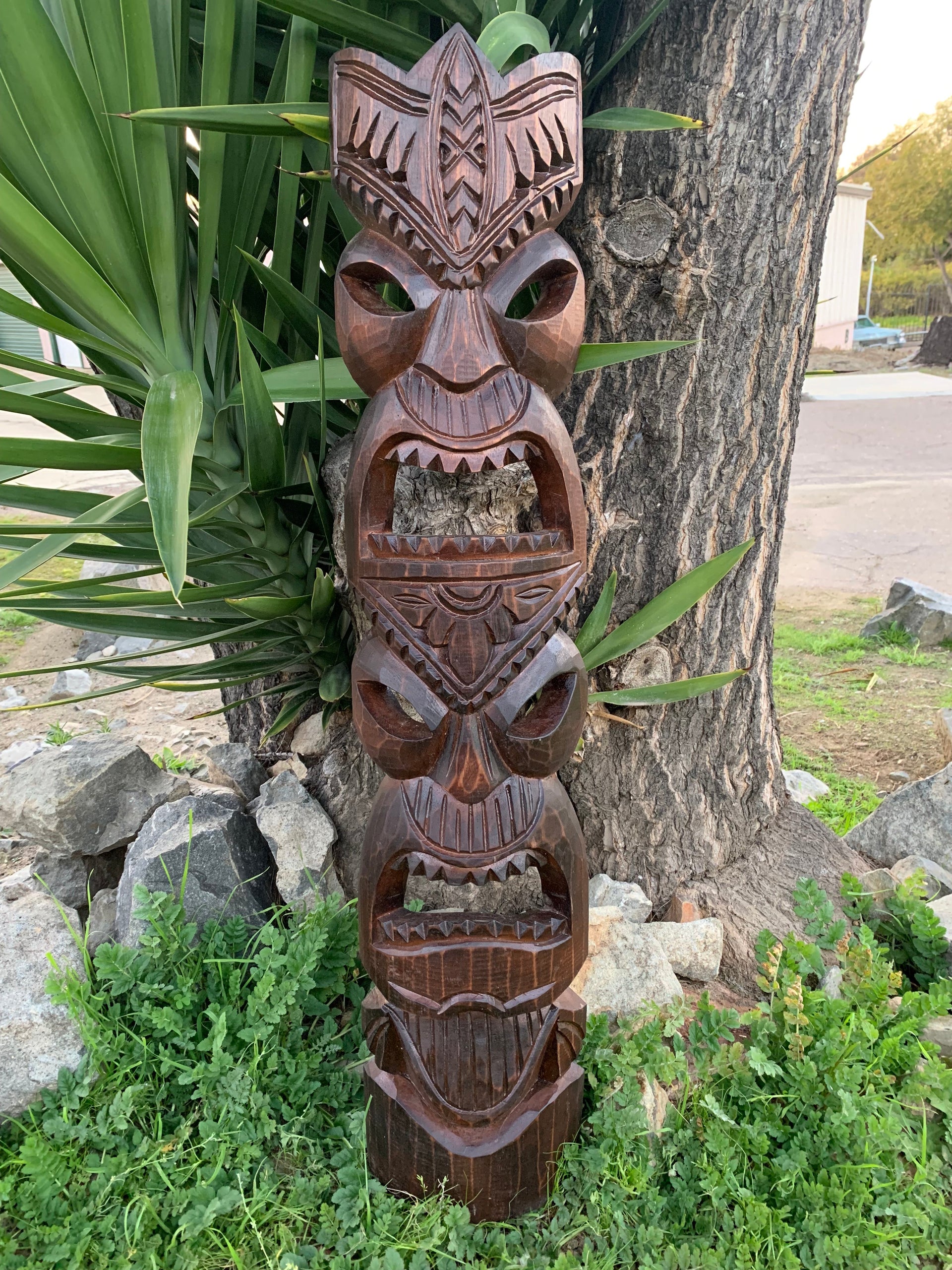 Hawaiian Style Tiki Totem Wooden Mask Hand Carved 39"x 8"in