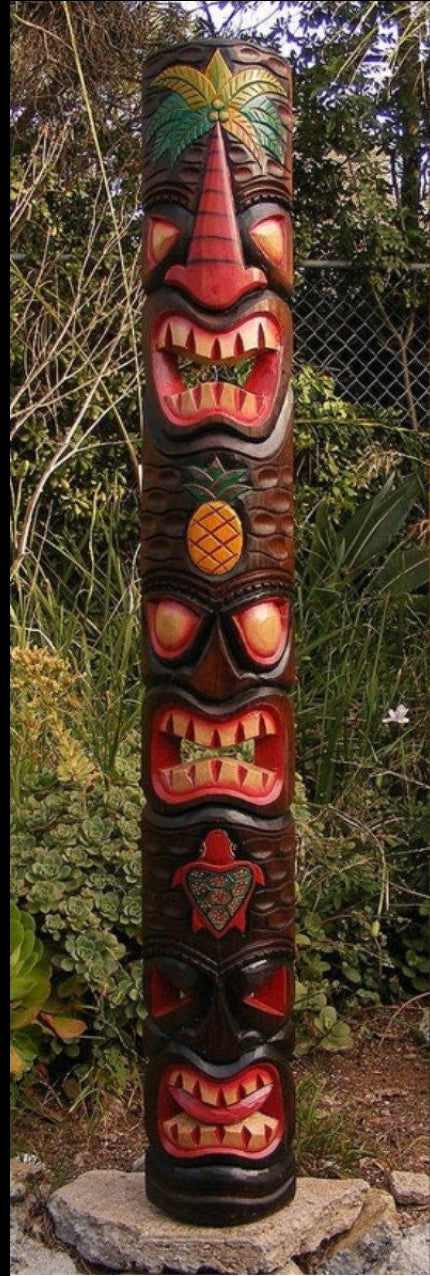 Tiki Totem 3 Face Palm Tree Pineapple Hono Wood Mask Tropical Patio Bar Decor 5' Foot by 7/8 in.”