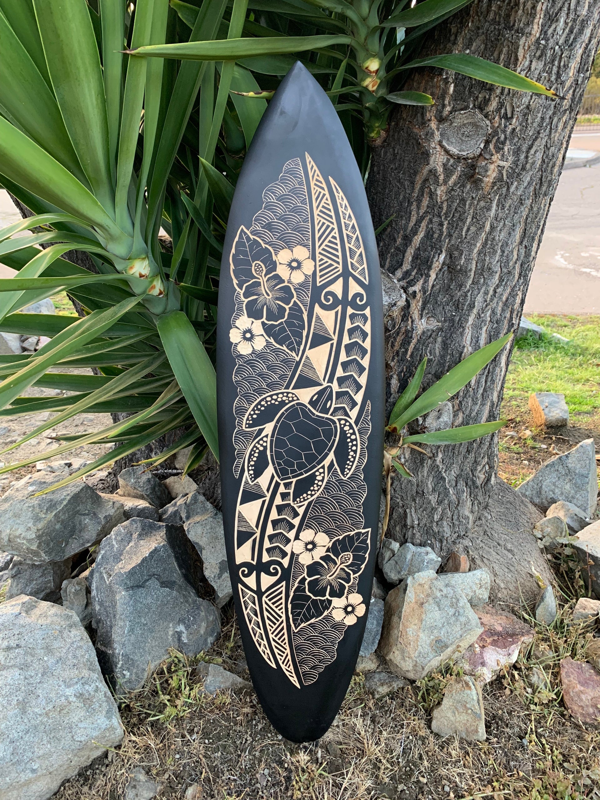 Hibiscus and Sea Turtle Tribal Surfboard Wood Carving Wall Plaque 39"x 10"