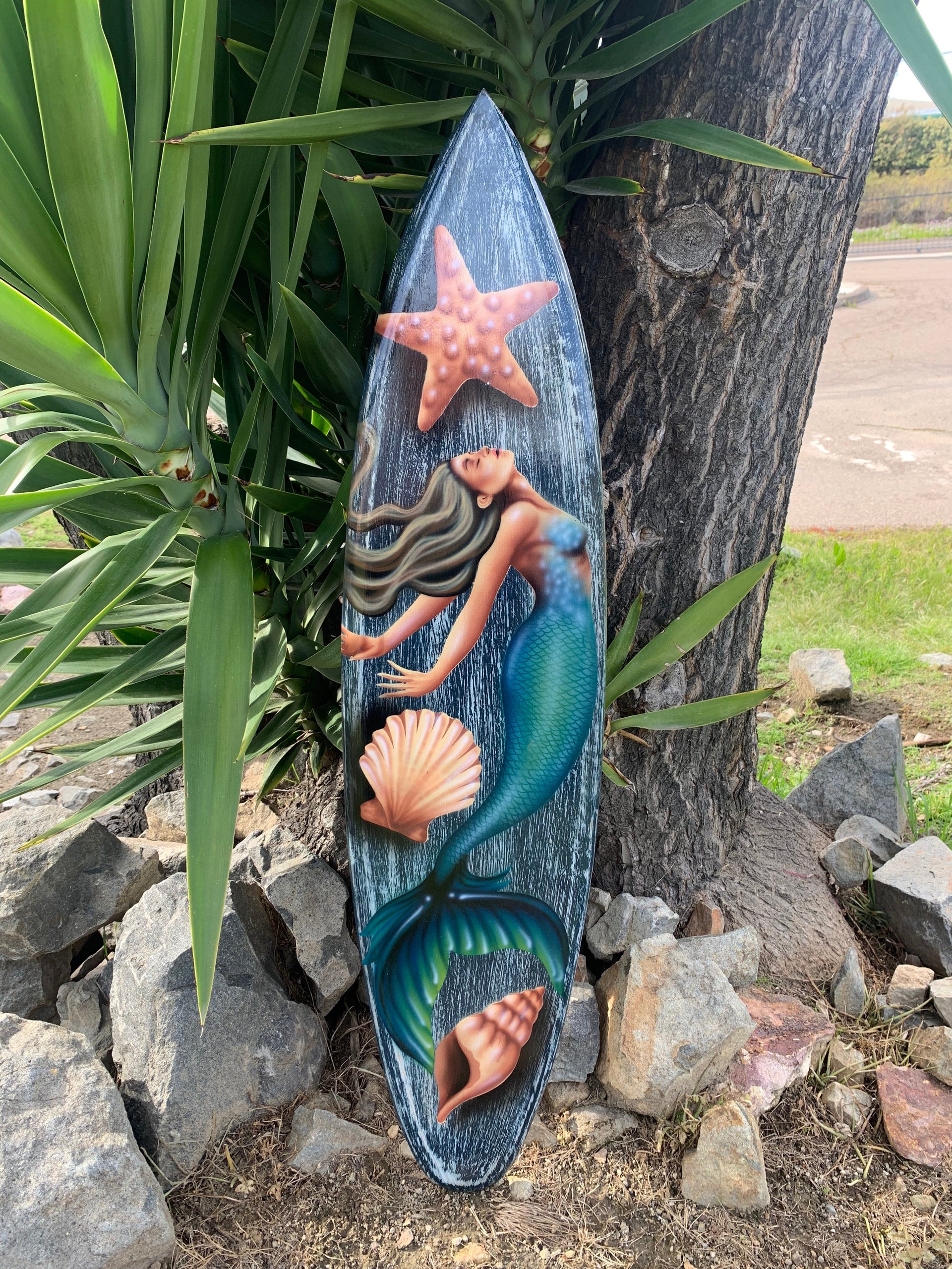 Mermaid and Sea Shell Airbrushed Decorative Surfboard Wall Plaque Mango Wood Coastal Decor 39"x 10"