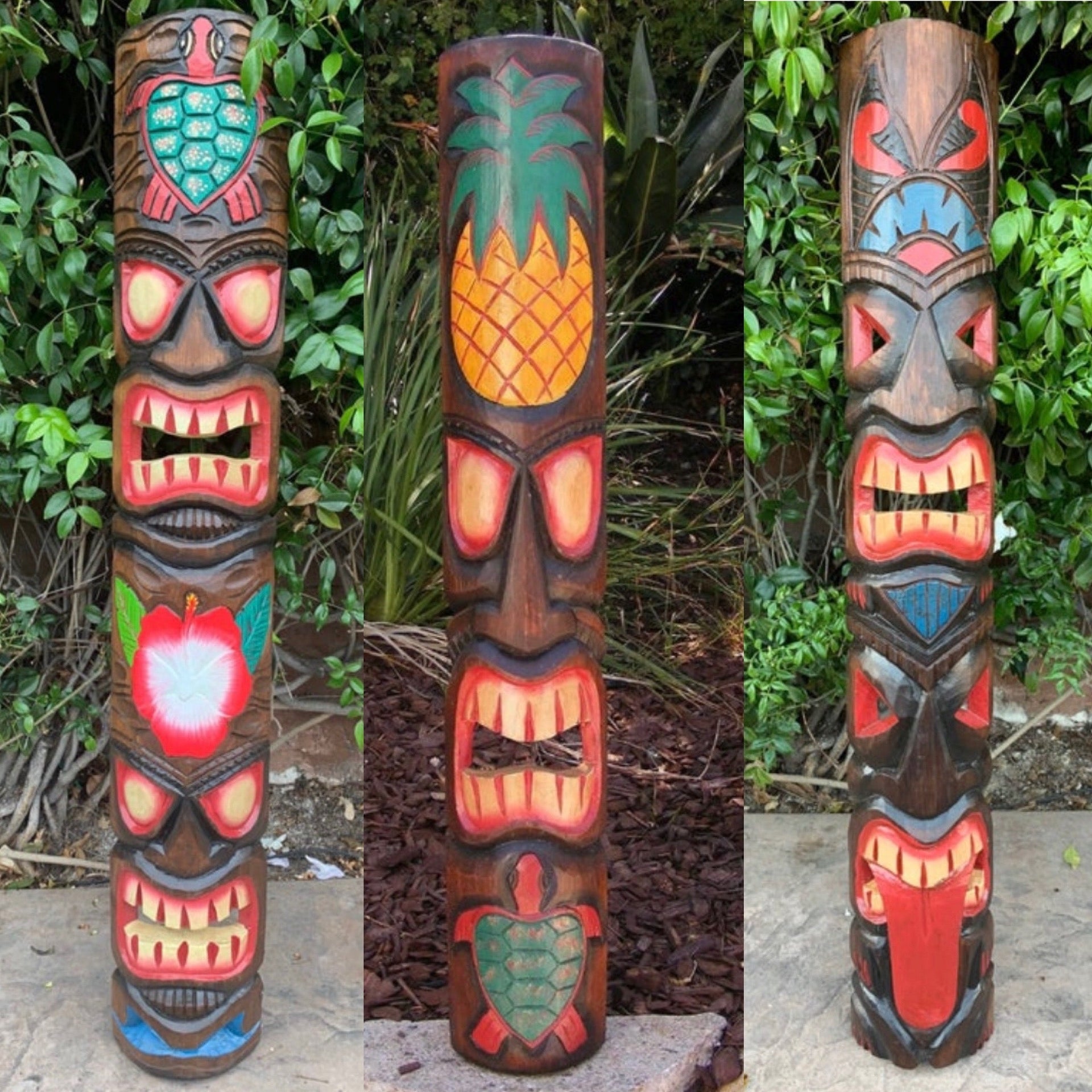 3 Set of Hand Carved Wooden Tiki Totem Masks Tropical Bar Patio Decor 39"x 6"in