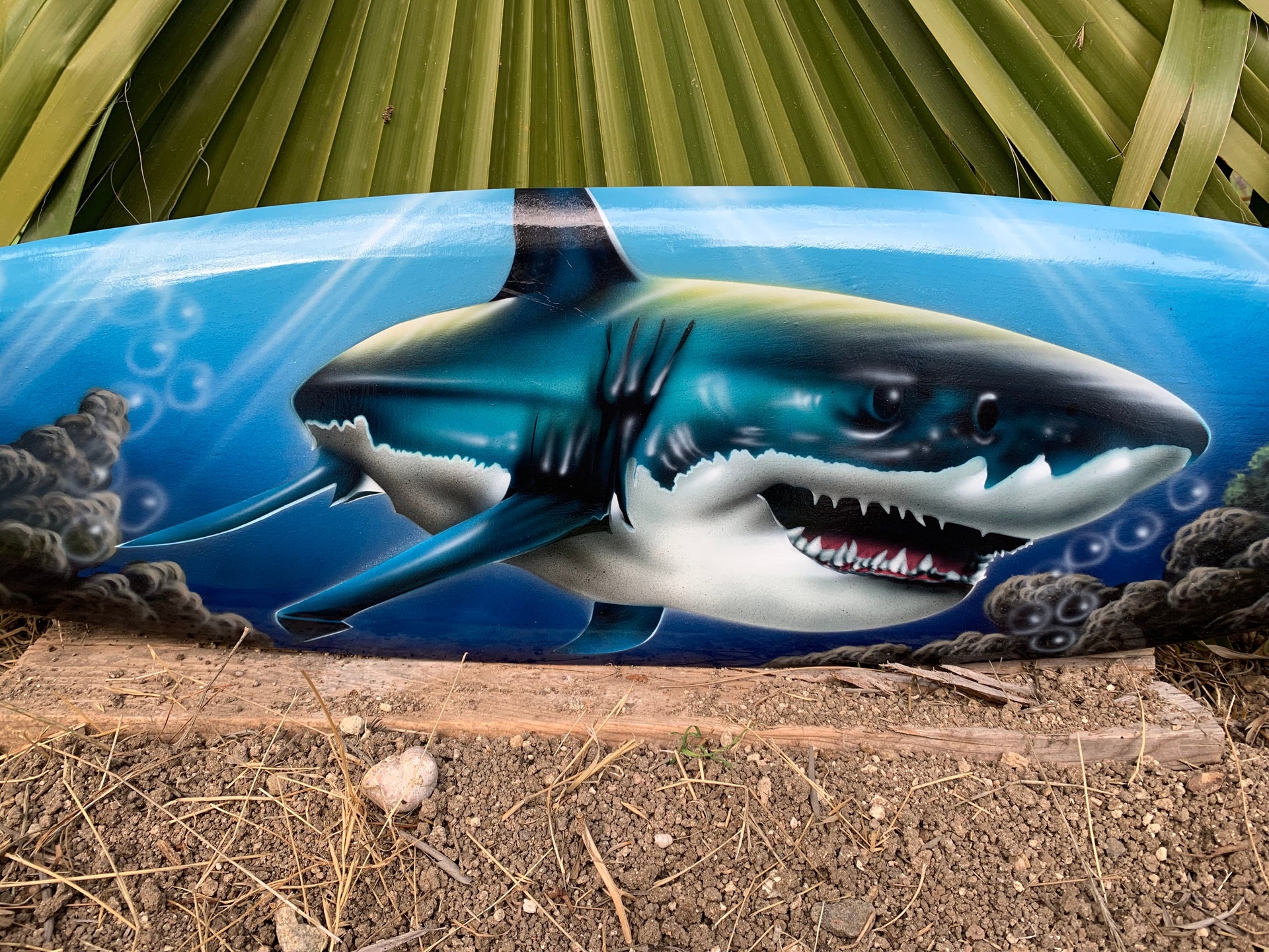 Great White Shark Airbrushed Decorative Surfboard Wall Plaque Mango Wood Coastal Decor 39"x 10"