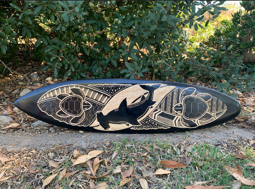 Hammerhead Shark and Sea Turtle Tribal Mango Wood Carving Tropical Decorative Surfboard Plaque 39"x 10"