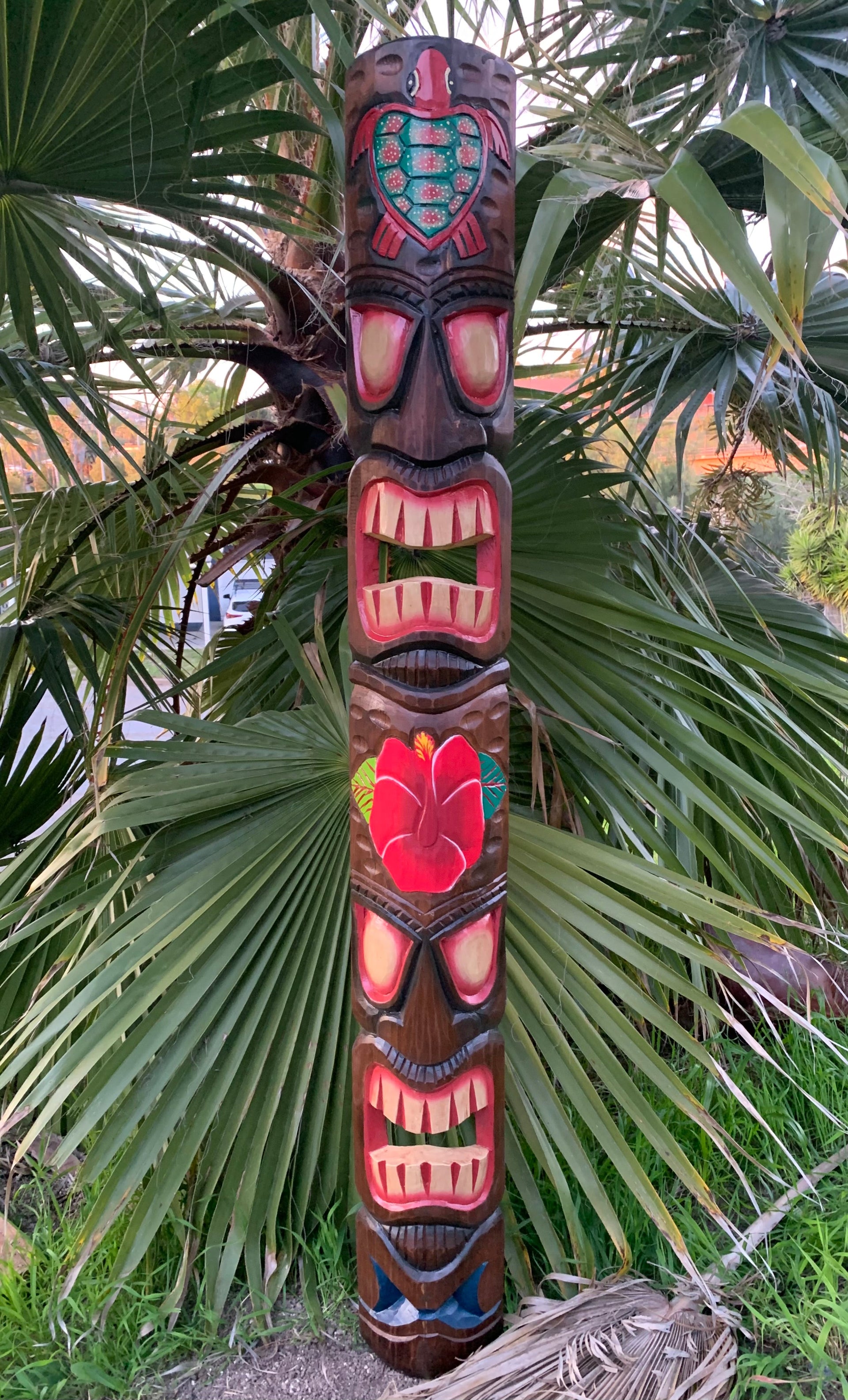5 Foot Hibiscus and Hono Tiki Mask Hand Carved Wood Tropical Bar Patio Decor 60"x 6-7"in