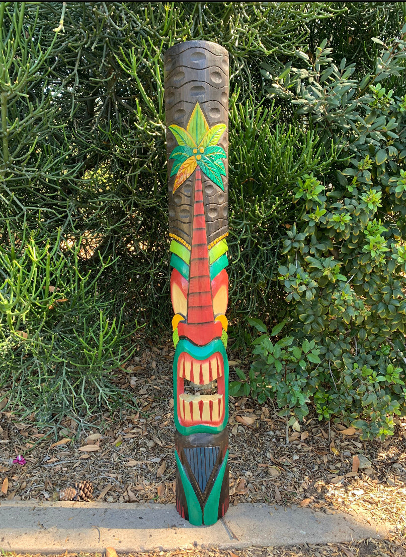 3 Set of 5 ft Hand Carved Wooden Tiki Totem Masks Hibiscus Hono Palm tree Tropical Bar Patio Decor 60"x 6-7"in