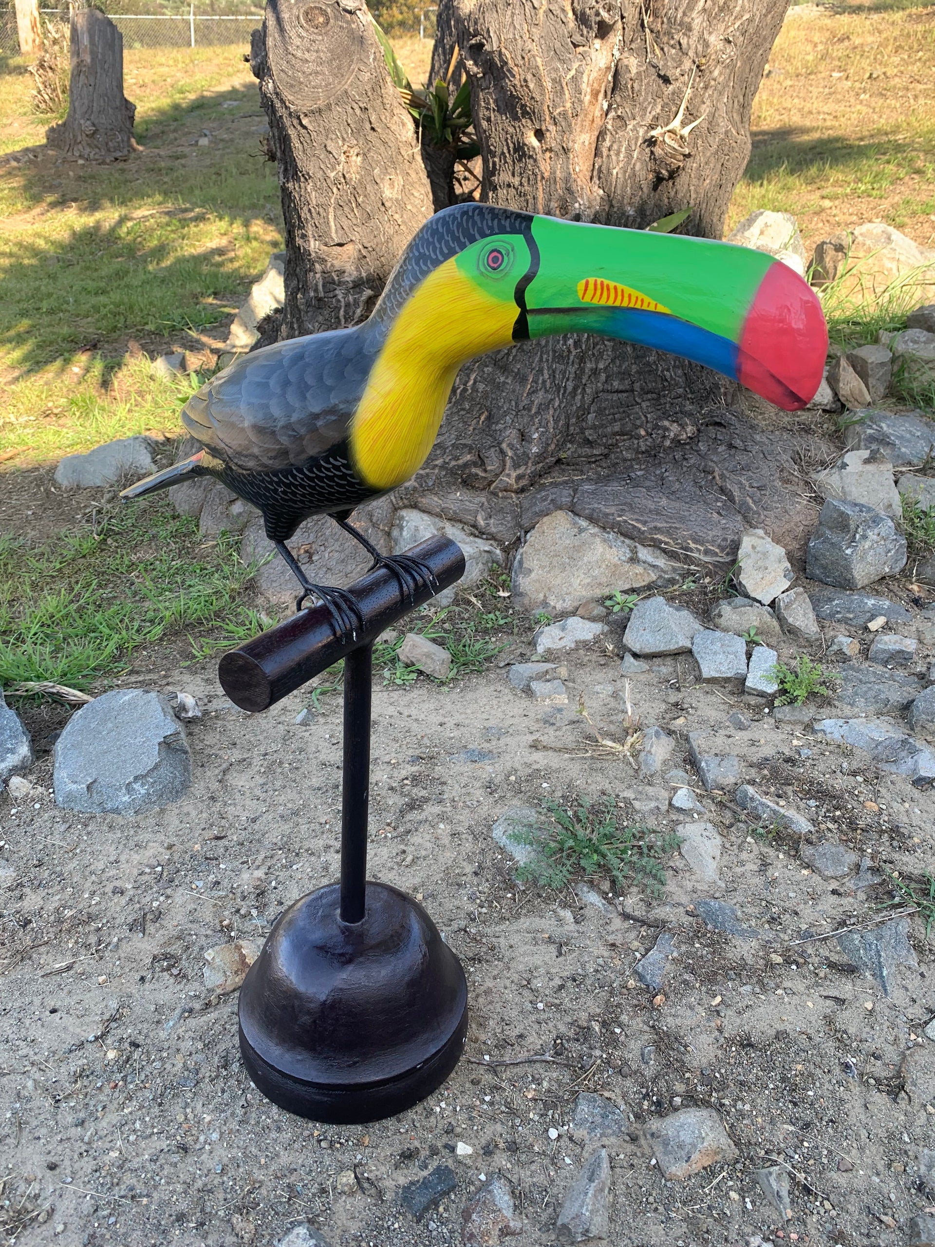 Tropical Black and Green Toucan Wood Carving Statue 20" beak to tail