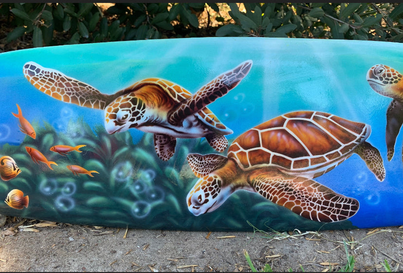 Tropical Ocean Sea Turtles Airbrushed Decorative Surfboard Plaque 39"x10"
