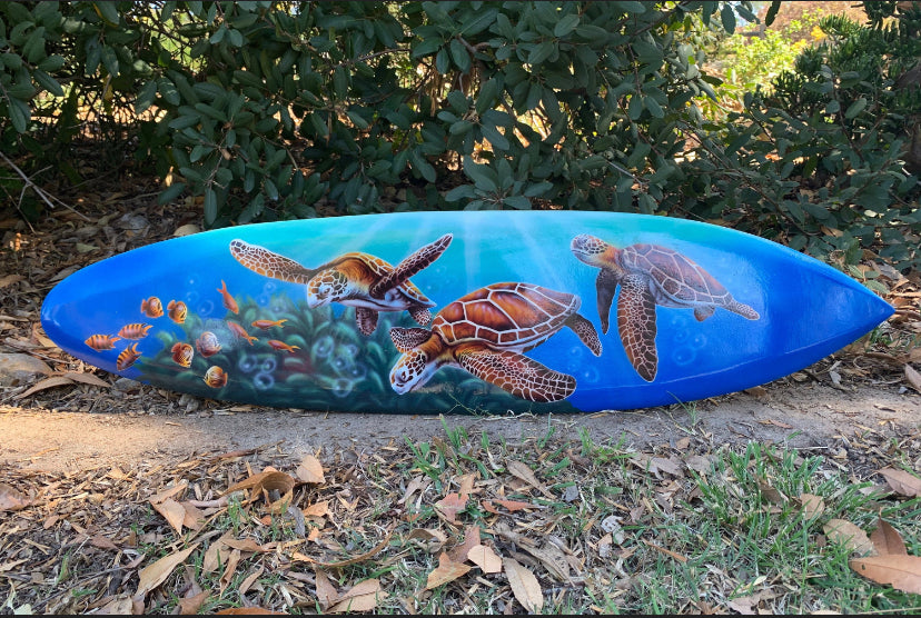 Tropical Ocean Sea Turtles Airbrushed Decorative Surfboard Plaque 39"x10"