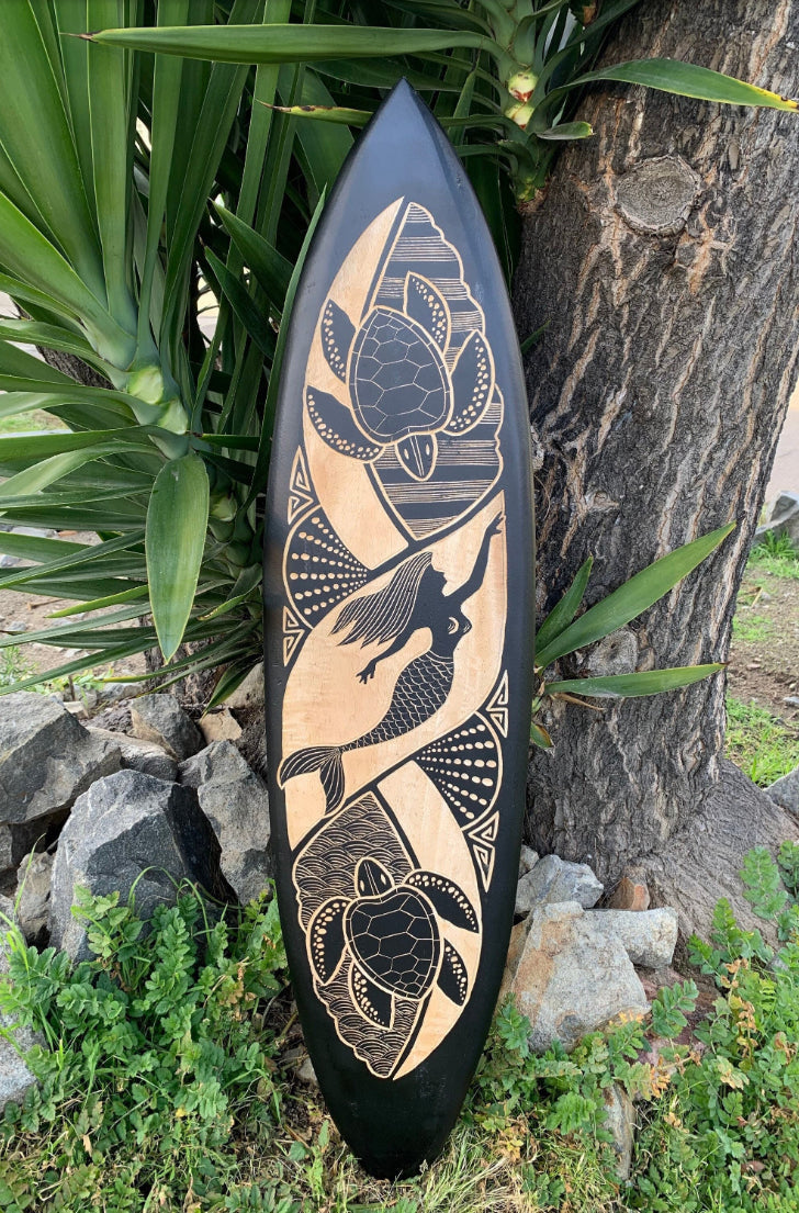 Mermaid and Sea Turtle Decorative Surfboard Wall Plaque Mango Wood Coastal Decor 39"x 10"