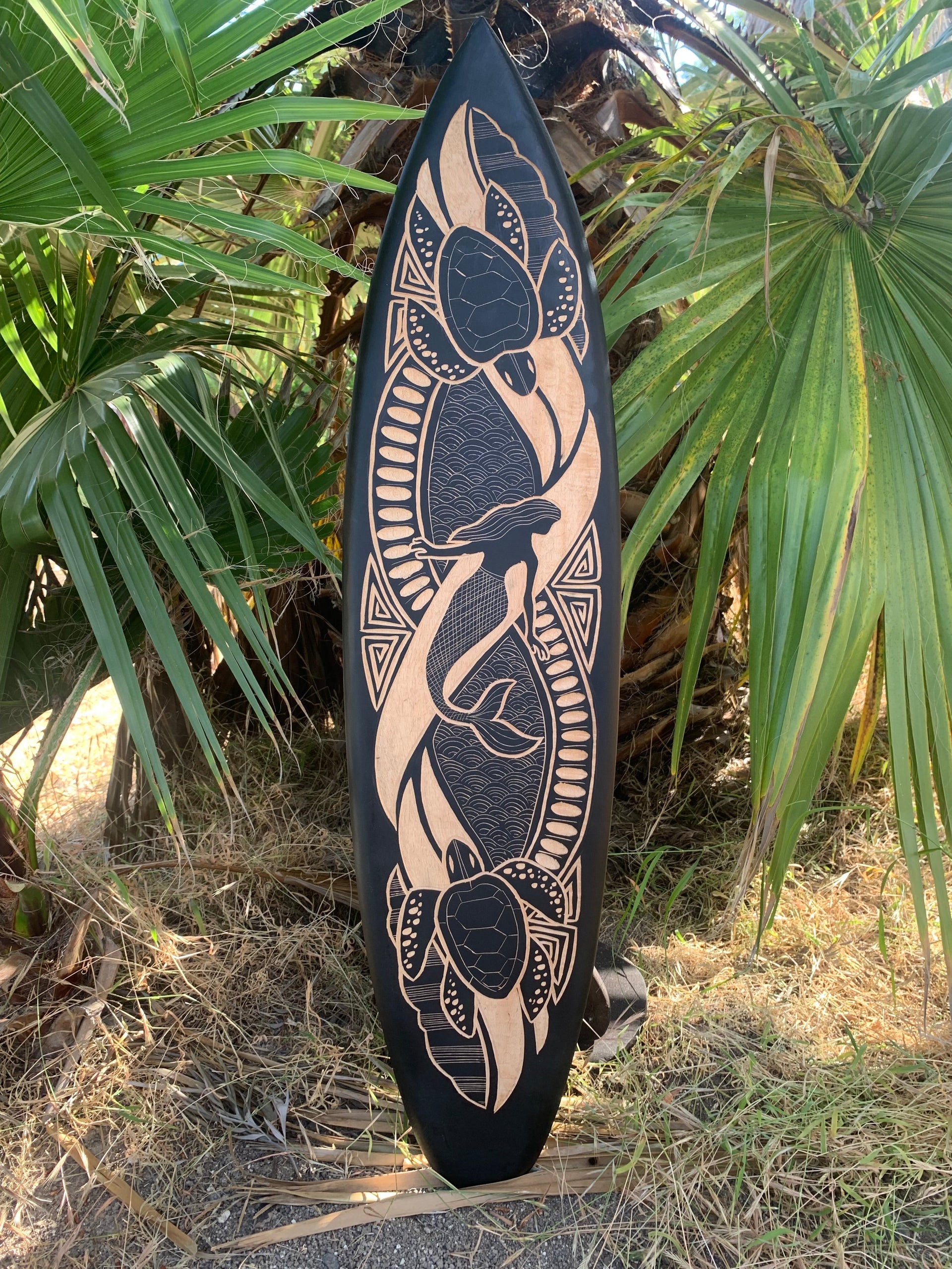 Mermaid and Sea Turtle Tribal Decorative Surfboard Wall Plaque Mango Wood Coastal Decor 39"x 10"