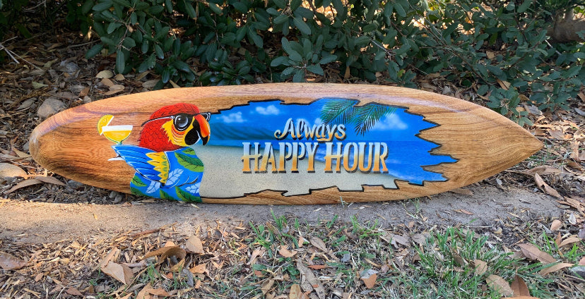 Always Happy Hour Drinking Parrot Airbrushed Surfboard Wall Plaque Tiki Bar  39"x 10"