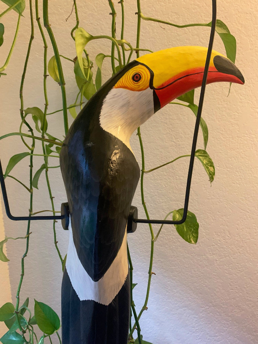 Tropical Black and White Toucan Hanging Bird Statue Wood Carving 32"x 11"