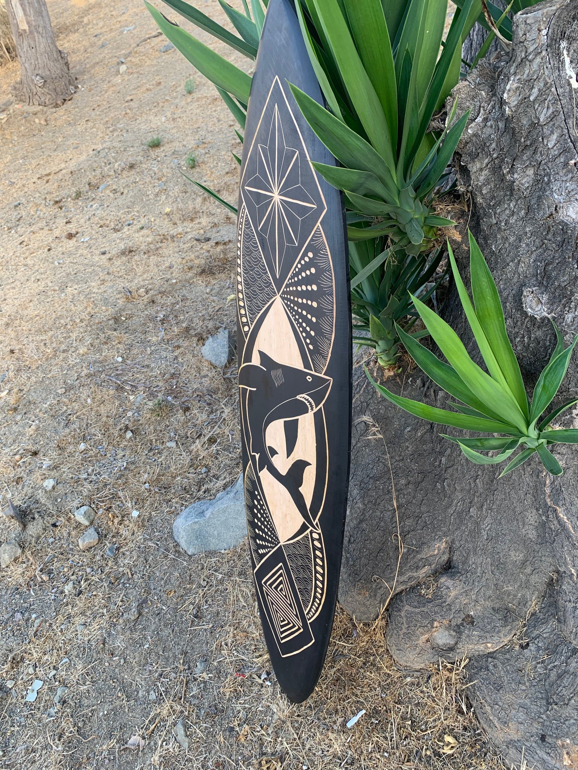 Tribal Mako Shark Decorative Carved Surfboard Wall Plaque 39"x 10"