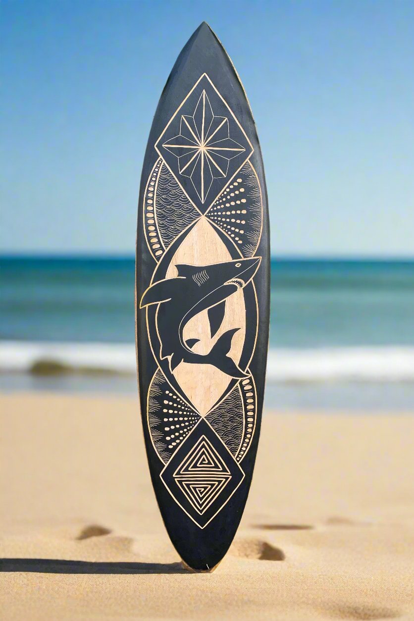 Tribal Mako Shark Decorative Carved Surfboard Wall Plaque 39"x 10"
