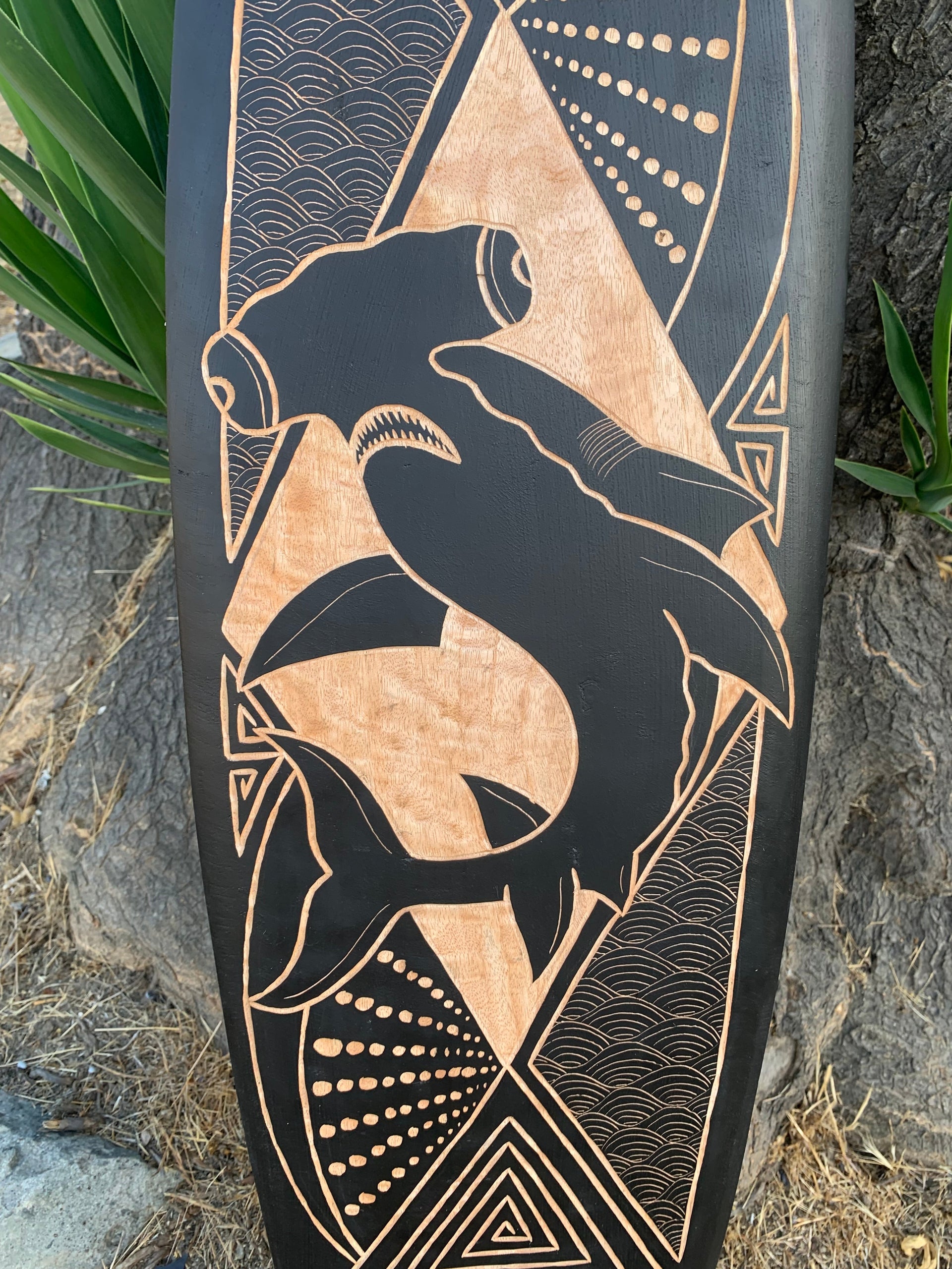 Tribal Hammerhead Shark Surfboard Wall Plaque 39"x 10"