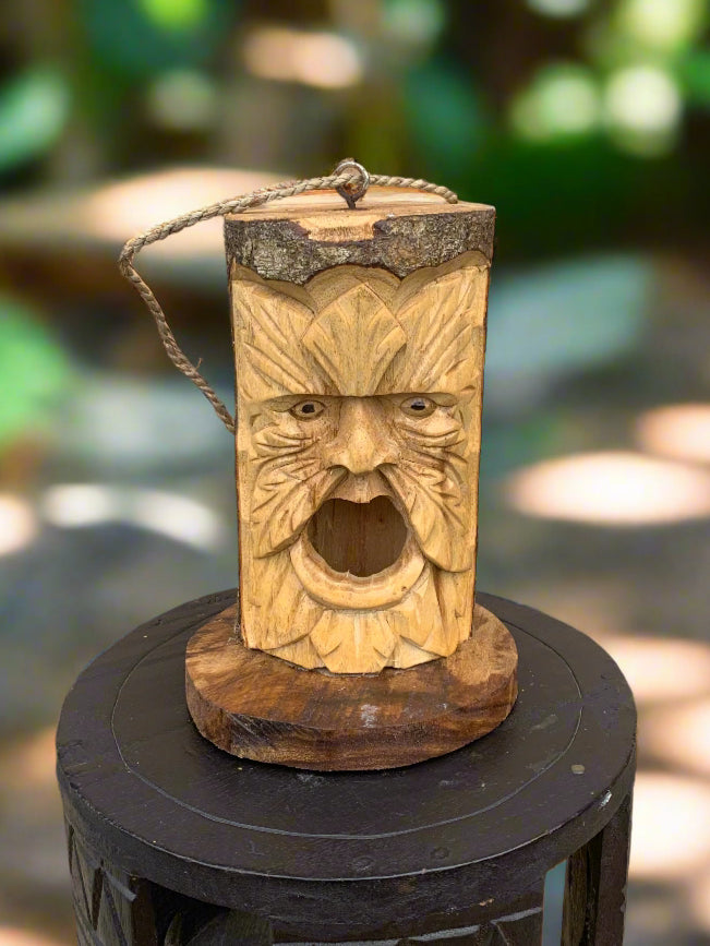 Tree Spirit Green Man Birdhouse - Wood Hand Carved Ornamental Bird House Garden Decor Bird Nest 8 inches