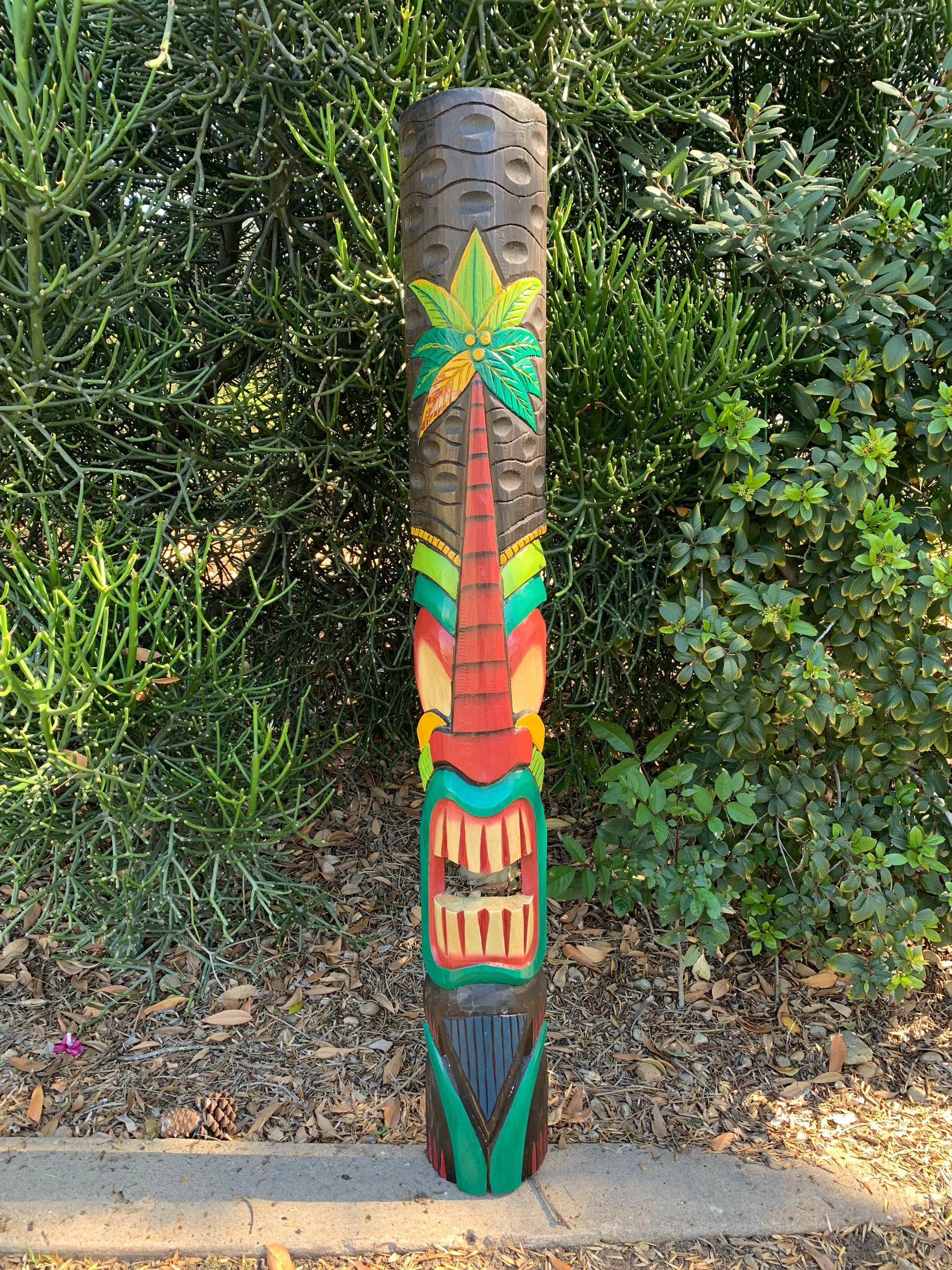 5 Foot Set of Hand Carved Wooden Tiki Totem Masks Palm Tree and Pineapple Tropical Bar Patio Decor 5'x7"